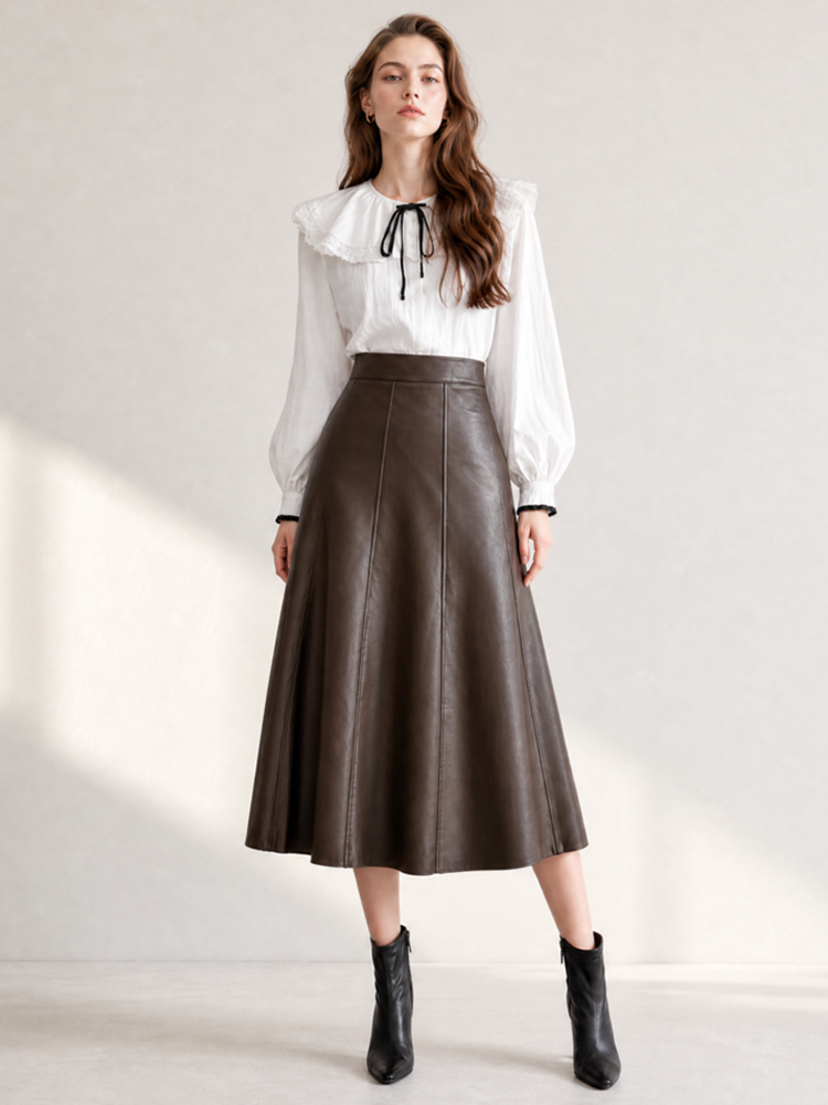 Elegant Women Faux Leather A Line Maxi Skirt