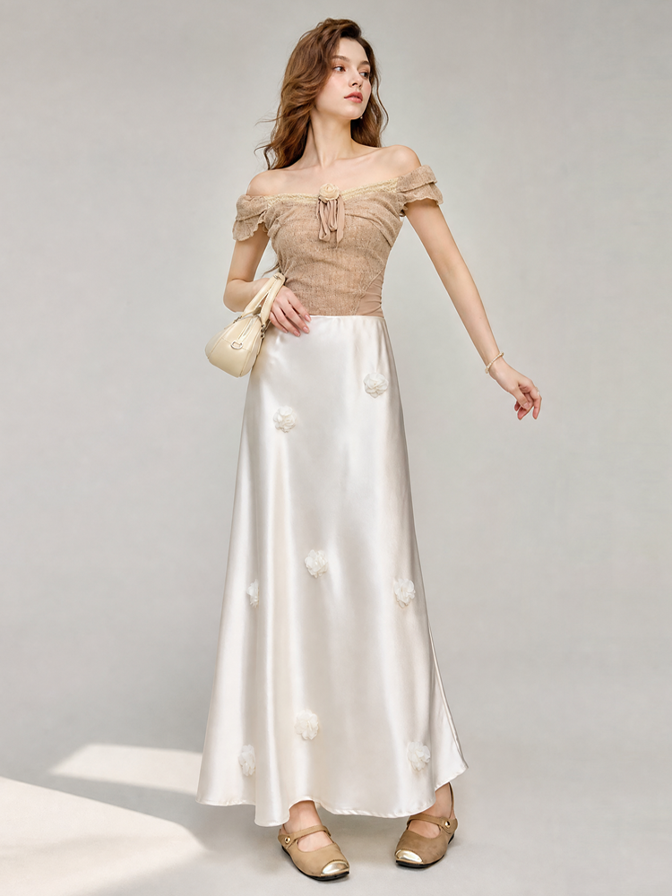 Elegant Women Satin Sew Flower Maxi Fishtail Skirt