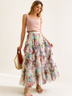 France Style Patwork Printed Tulle Maxi Skirt