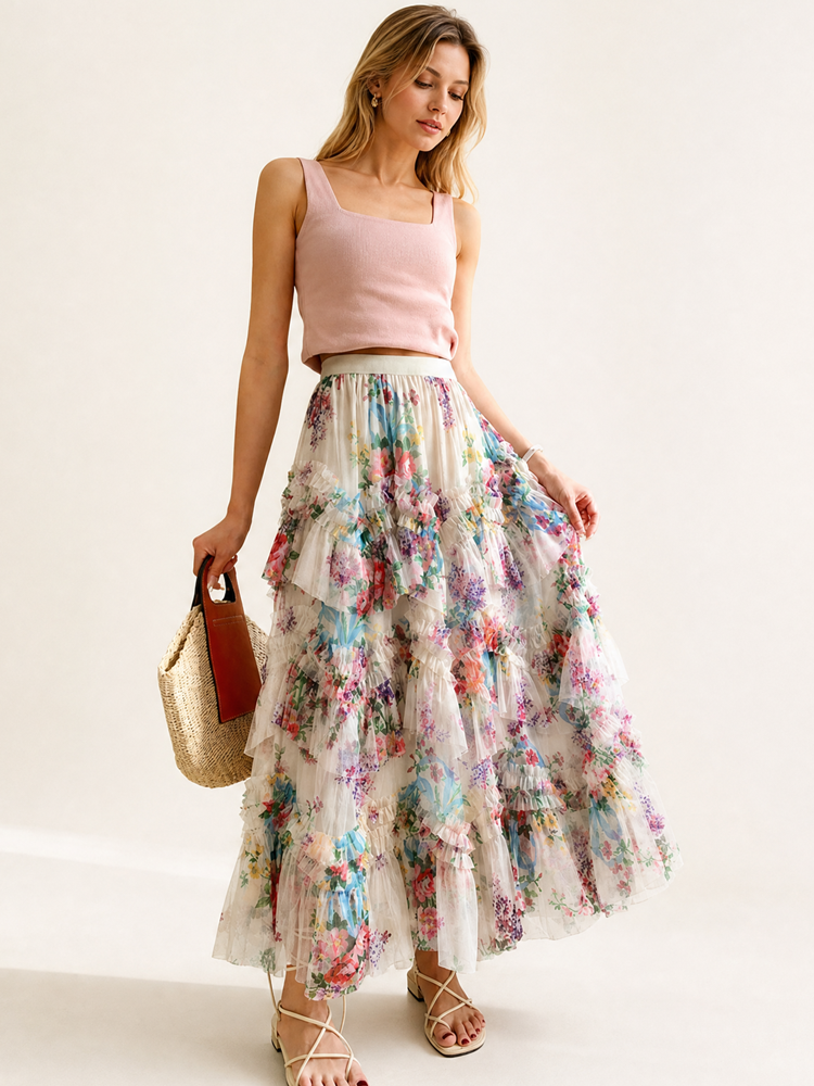 France Style Patwork Printed Tulle Maxi Skirt