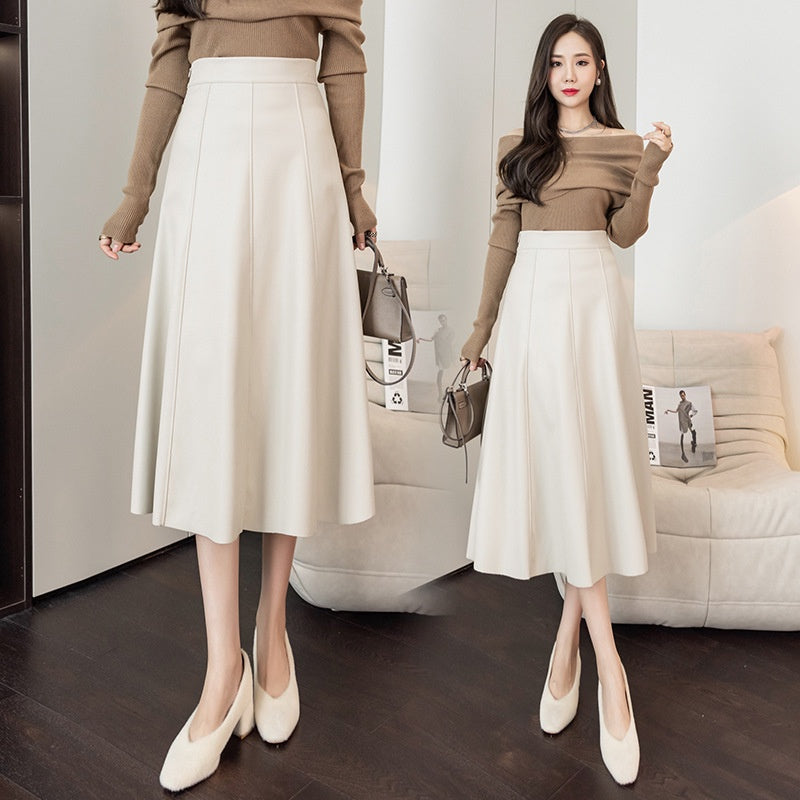 Qooth Spring Autumn Faux Leather Maxi Saias Elegantes Saia De Moda Coreana De Cintura Alta Guarda-Chuva Chique Com Linha A QT1367