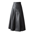 Qooth Spring Autumn Faux Leather Maxi Saias Elegantes Saia De Moda Coreana De Cintura Alta Guarda-Chuva Chique Com Linha A QT1367