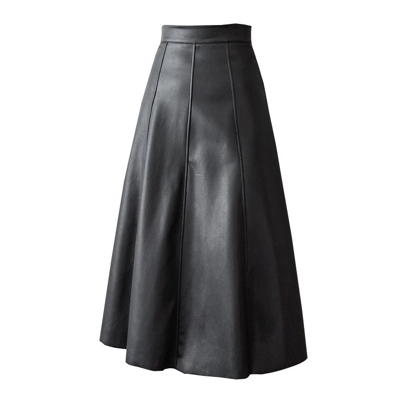 Qooth Spring Autumn Faux Leather Maxi Saias Elegantes Saia De Moda Coreana De Cintura Alta Guarda-Chuva Chique Com Linha A QT1367
