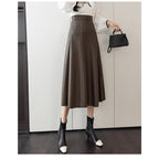 Qooth Spring Autumn Faux Leather Maxi Saias Elegantes Saia De Moda Coreana De Cintura Alta Guarda-Chuva Chique Com Linha A QT1367