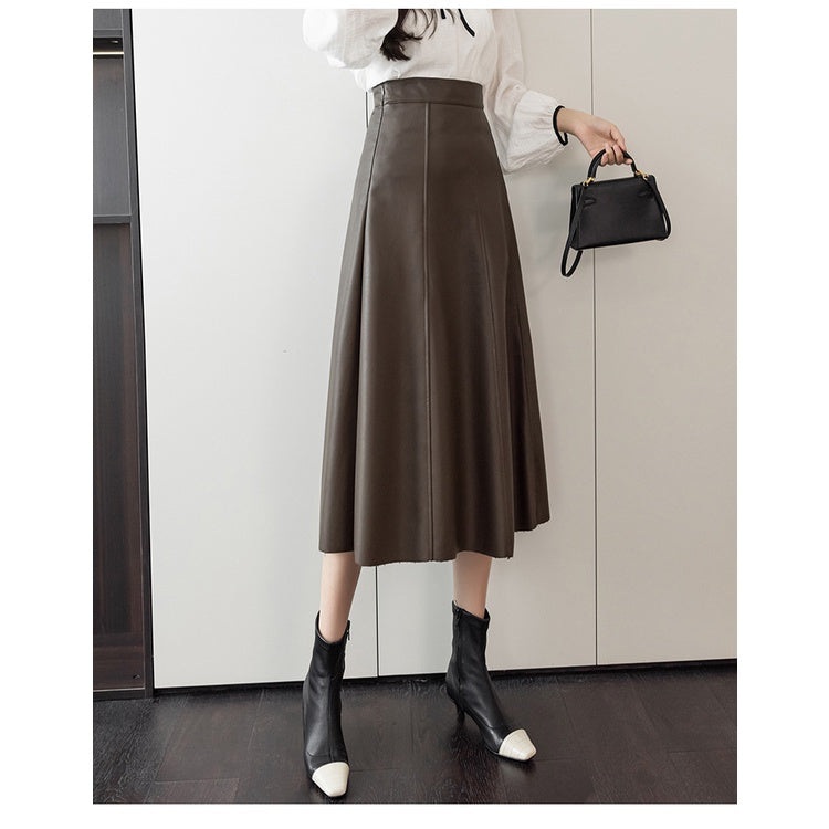Qooth Spring Autumn Faux Leather Maxi Saias Elegantes Saia De Moda Coreana De Cintura Alta Guarda-Chuva Chique Com Linha A QT1367