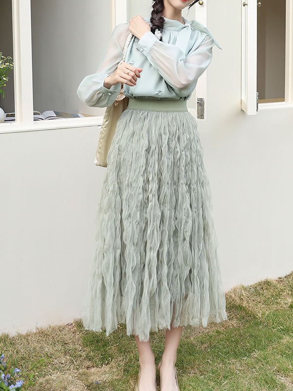 Elegant Elastic Waist Tulle Pleated Long Skirt