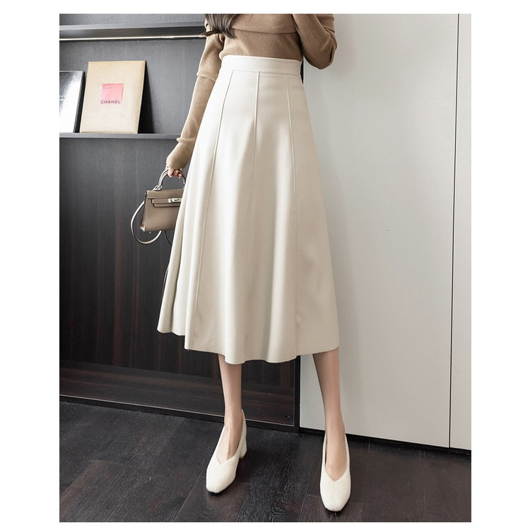 Qooth Spring Autumn Faux Leather Maxi Saias Elegantes Saia De Moda Coreana De Cintura Alta Guarda-Chuva Chique Com Linha A QT1367