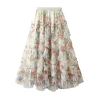 Elegante Fada Impresso Tule Saia Longa Em Moda Elástica Irregular Floral Pregueada Linha A QT2372