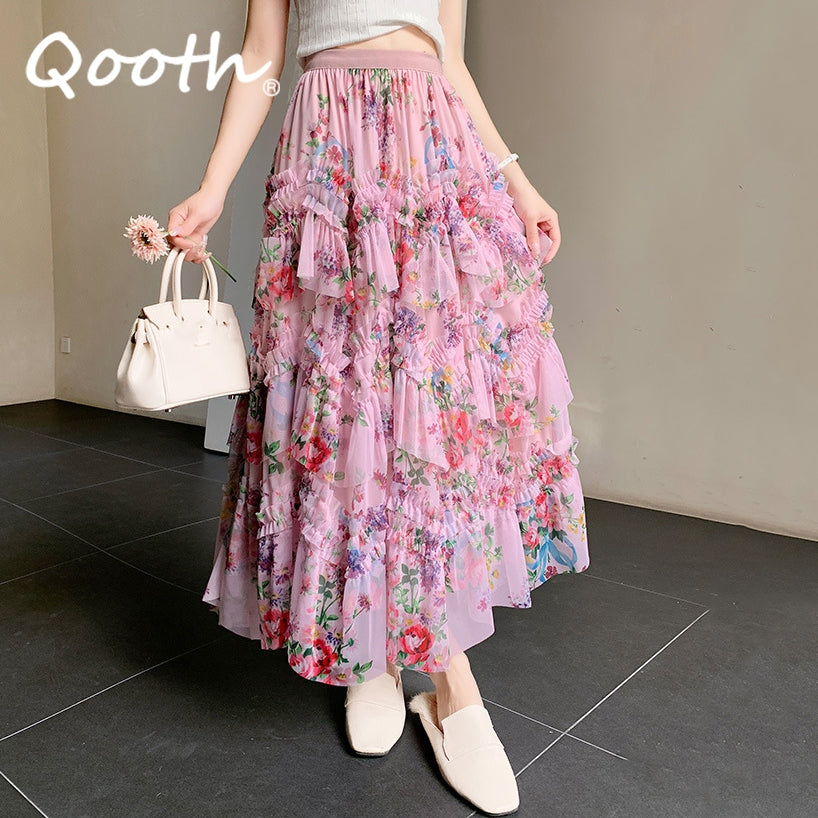 Elegante Fada Impresso Tule Saia Longa Em Moda Elástica Irregular Floral Pregueada Linha A QT2372