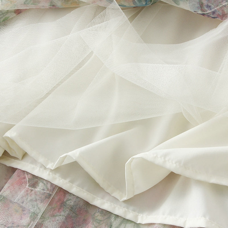 Elegante Fada Impresso Tule Saia Longa Em Moda Elástica Irregular Floral Pregueada Linha A QT2372