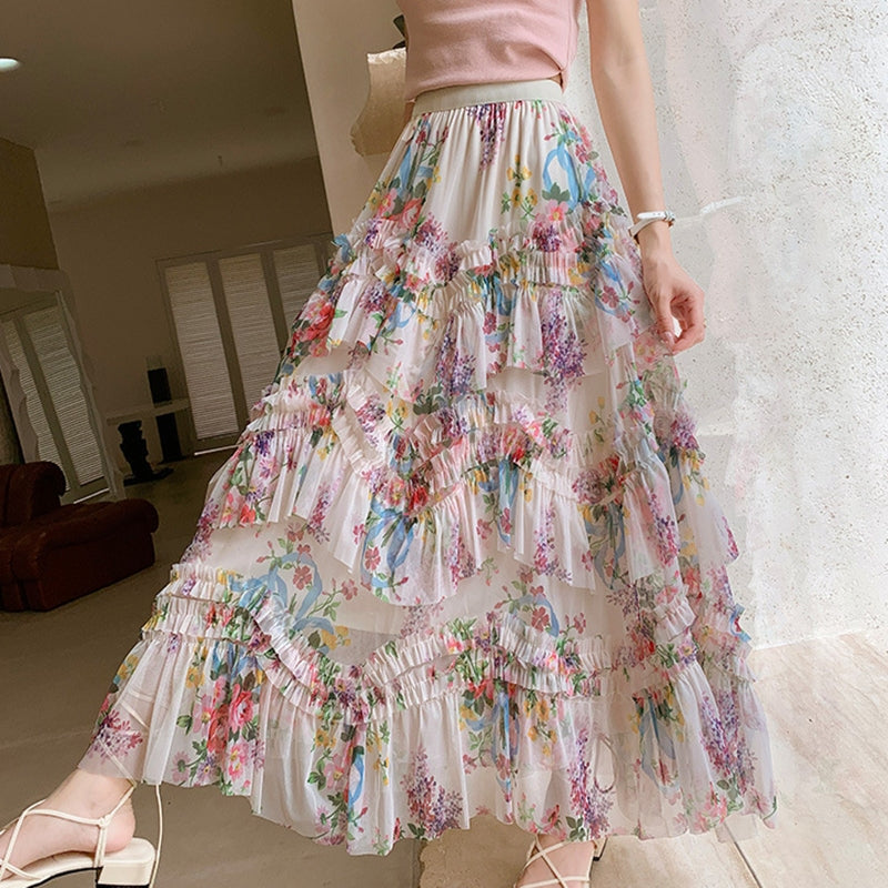Elegante Fada Impresso Tule Saia Longa Em Moda Elástica Irregular Floral Pregueada Linha A QT2372