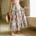 Elegante Fada Impresso Tule Saia Longa Em Moda Elástica Irregular Floral Pregueada Linha A QT2372