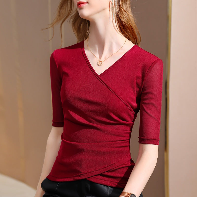 Women S-3XL V-neck Short Sleeved Base Mesh Shirt Elegant Fashion Slim Solid Color Top QT2434