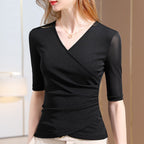 Women S-3XL V-neck Short Sleeved Base Mesh Shirt Elegant Fashion Slim Solid Color Top QT2434