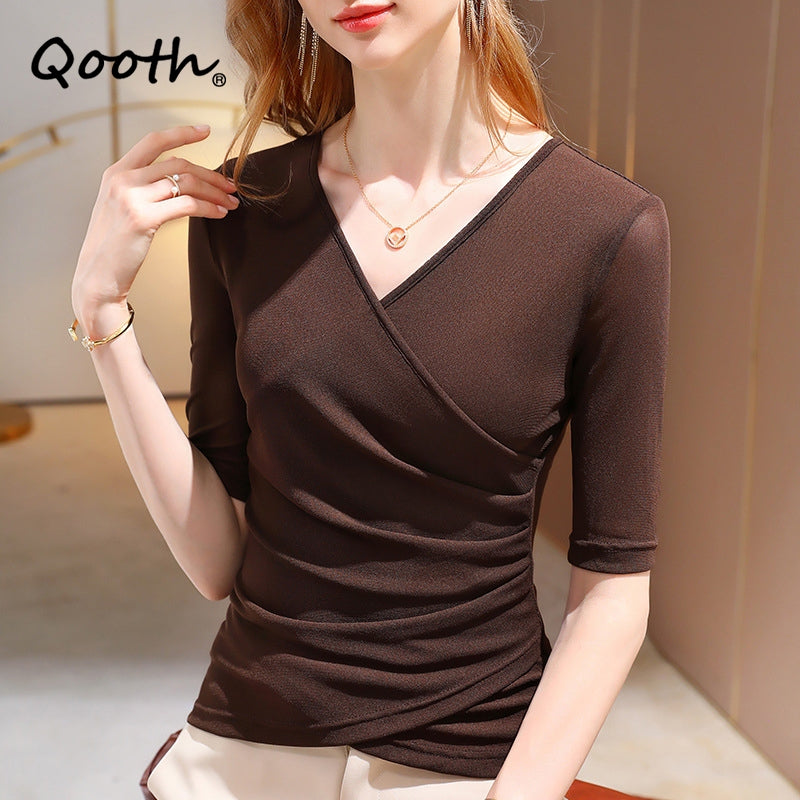 Women S-3XL V-neck Short Sleeved Base Mesh Shirt Elegant Fashion Slim Solid Color Top QT2434