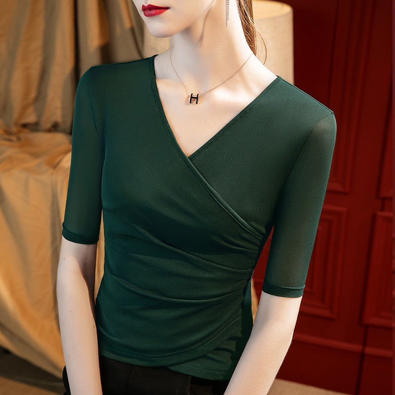 Women S-3XL V-neck Short Sleeved Base Mesh Shirt Elegant Fashion Slim Solid Color Top QT2434