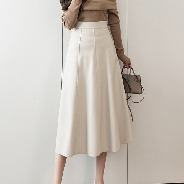 Qooth Spring Autumn Faux Leather Maxi Saias Elegantes Saia De Moda Coreana De Cintura Alta Guarda-Chuva Chique Com Linha A QT1367