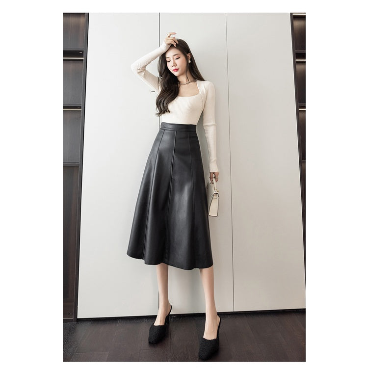 Qooth Spring Autumn Faux Leather Maxi Saias Elegantes Saia De Moda Coreana De Cintura Alta Guarda-Chuva Chique Com Linha A QT1367