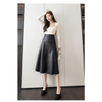 Qooth Spring Autumn Faux Leather Maxi Saias Elegantes Saia De Moda Coreana De Cintura Alta Guarda-Chuva Chique Com Linha A QT1367