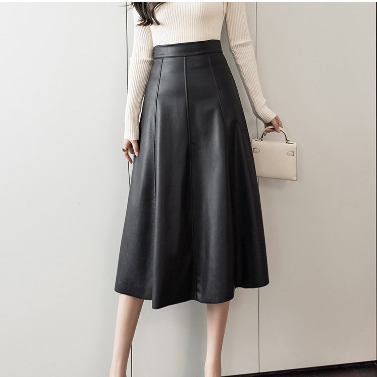 Qooth Spring Autumn Faux Leather Maxi Saias Elegantes Saia De Moda Coreana De Cintura Alta Guarda-Chuva Chique Com Linha A QT1367