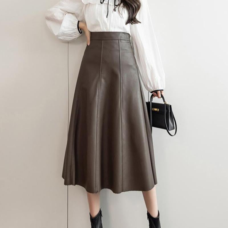 Qooth Spring Autumn Faux Leather Maxi Saias Elegantes Saia De Moda Coreana De Cintura Alta Guarda-Chuva Chique Com Linha A QT1367