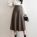 Qooth Spring Autumn Faux Leather Maxi Saias Elegantes Saia De Moda Coreana De Cintura Alta Guarda-Chuva Chique Com Linha A QT1367