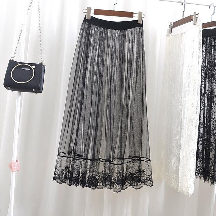 Qooth Women One Layer All Match Outer Tulle Skirt Elastic Waist Black Tutu A-line Long Skirt QT2180