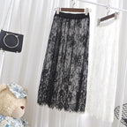 Qooth Women One Layer All Match Outer Tulle Skirt Elastic Waist Black Tutu A-line Long Skirt QT2180