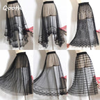 Qooth Women One Layer All Match Outer Tulle Skirt Elastic Waist Black Tutu A-line Long Skirt QT2180