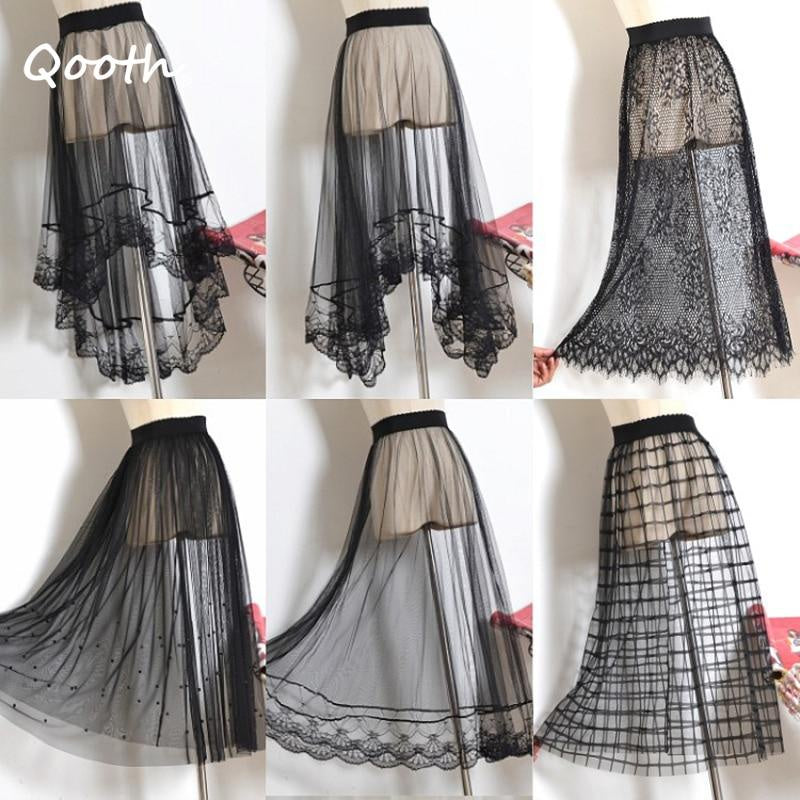 Qooth Women One Layer All Match Outer Tulle Skirt Elastic Waist Black Tutu A-line Long Skirt QT2180