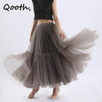 Qooth Festa Tule Vestido De Baile Malha Saia Banquete Casamento Cintura Elástica Gravata Borboleta Cinto Tutu QT2181