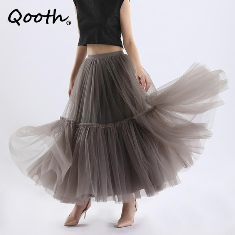 Qooth Festa Tule Vestido De Baile Malha Saia Banquete Casamento Cintura Elástica Gravata Borboleta Cinto Tutu QT2181