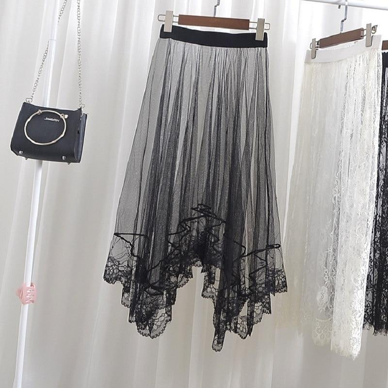 Qooth Women One Layer All Match Outer Tulle Skirt Elastic Waist Black Tutu A-line Long Skirt QT2180
