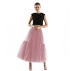 Qooth Festa Tule Vestido De Baile Malha Saia Banquete Casamento Cintura Elástica Gravata Borboleta Cinto Tutu QT2181