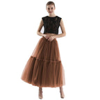 Qooth Festa Tule Vestido De Baile Malha Saia Banquete Casamento Cintura Elástica Gravata Borboleta Cinto Tutu QT2181