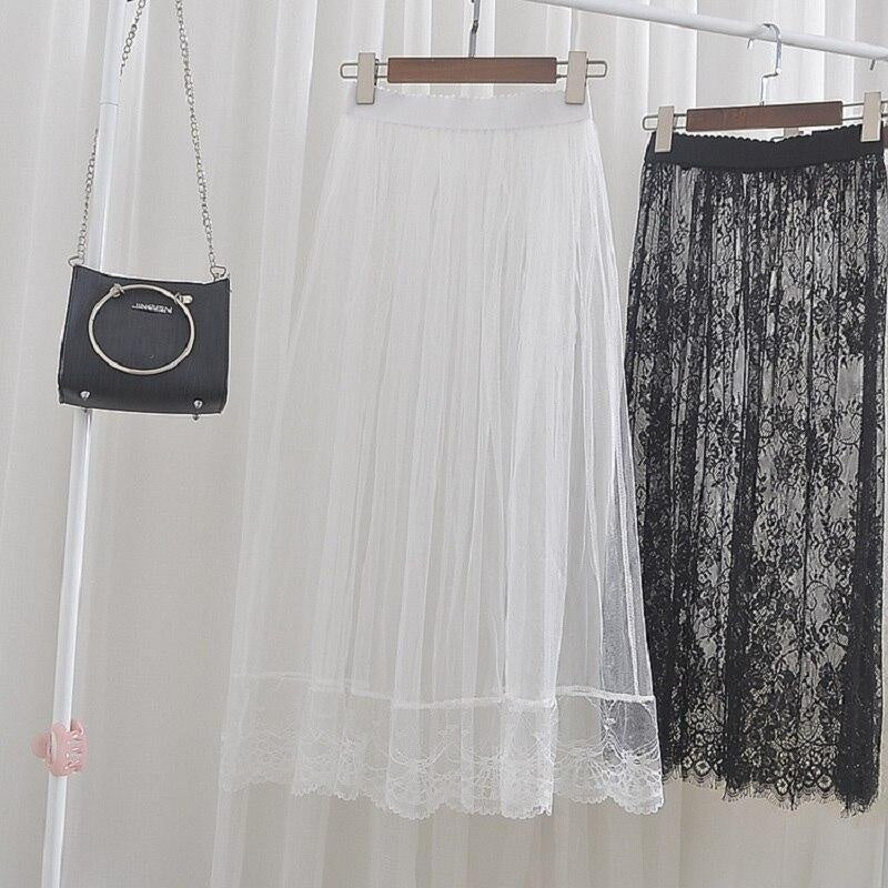 Qooth Women One Layer All Match Outer Tulle Skirt Elastic Waist Black Tutu A-line Long Skirt QT2180
