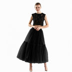 Qooth Festa Tule Vestido De Baile Malha Saia Banquete Casamento Cintura Elástica Gravata Borboleta Cinto Tutu QT2181