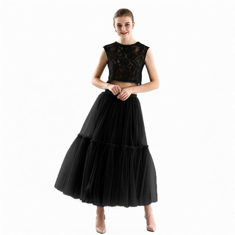 Qooth Festa Tule Vestido De Baile Malha Saia Banquete Casamento Cintura Elástica Gravata Borboleta Cinto Tutu QT2181