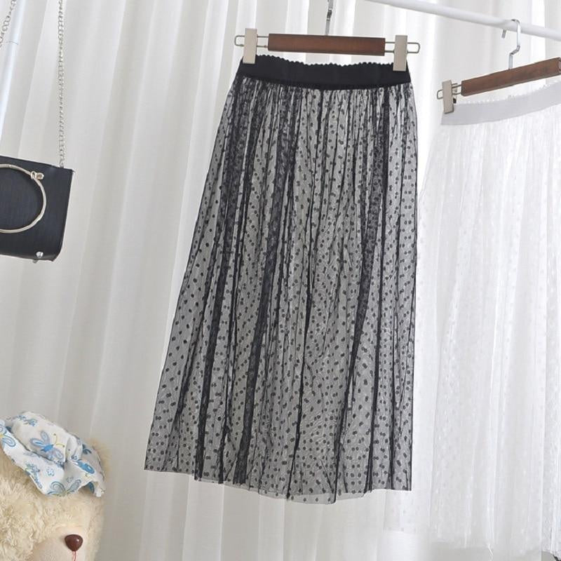 Qooth Women One Layer All Match Outer Tulle Skirt Elastic Waist Black Tutu A-line Long Skirt QT2180