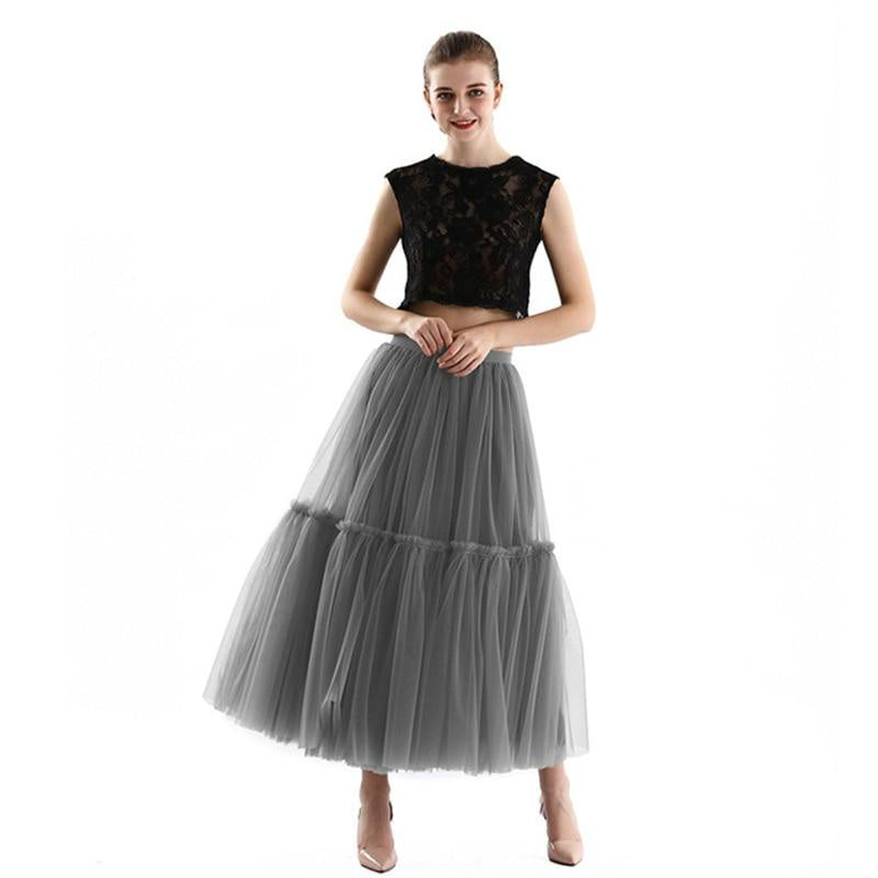 Qooth Festa Tule Vestido De Baile Malha Saia Banquete Casamento Cintura Elástica Gravata Borboleta Cinto Tutu QT2181