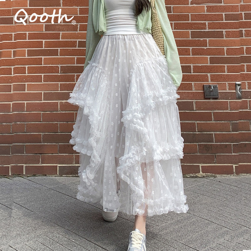 Qooth Elegante Verão Feminino Cintura Elástica Babado Tule Saia Renda Retalhos Longa Flare