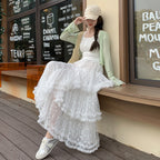 Qooth Elegante Verão Feminino Cintura Elástica Babado Tule Saia Renda Retalhos Longa Flare