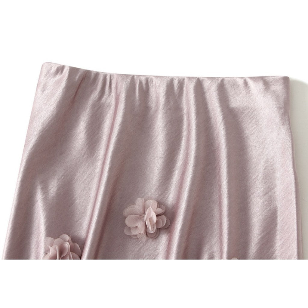 Qooth Elegante Feminino Uma Linha Tridimensional Flor Saia Maxi Comprimento Cintura Elástica Casual QT2757