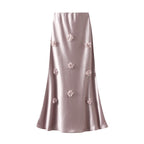 Qooth Elegante Feminino Uma Linha Tridimensional Flor Saia Maxi Comprimento Cintura Elástica Casual QT2757