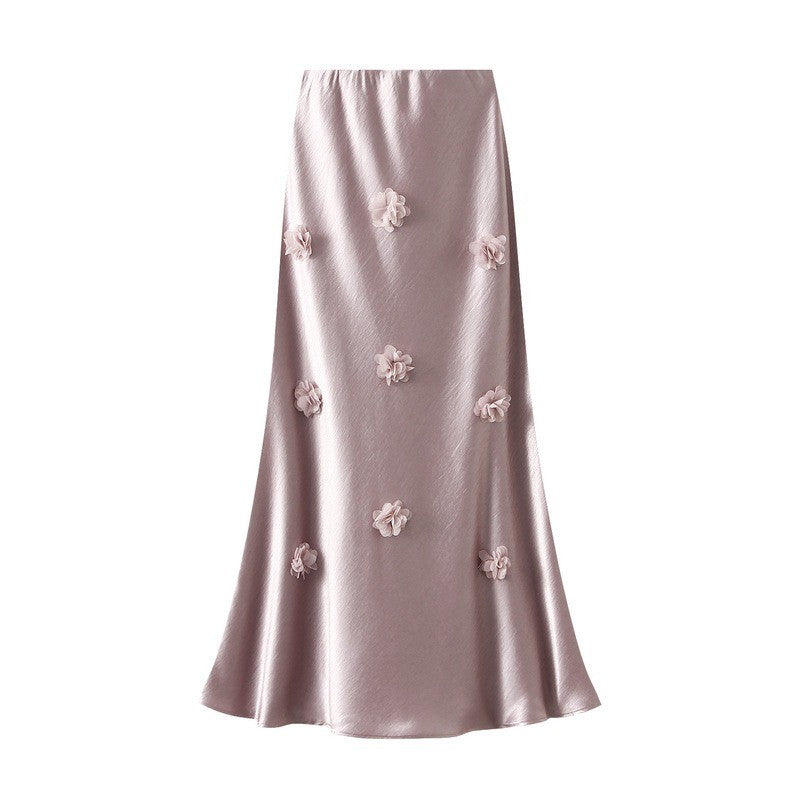 Qooth Elegante Feminino Uma Linha Tridimensional Flor Saia Maxi Comprimento Cintura Elástica Casual QT2757