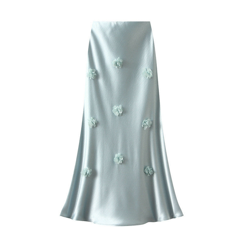Qooth Elegante Feminino Uma Linha Tridimensional Flor Saia Maxi Comprimento Cintura Elástica Casual QT2757