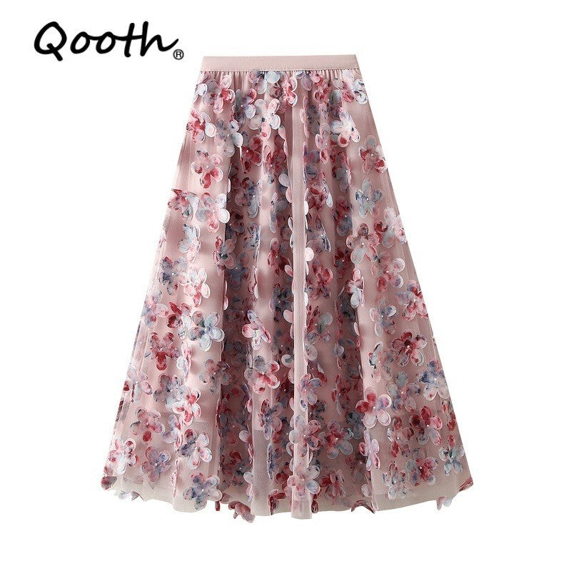 Qooth Elegante Feminino Uma Linha Tridimensional Flor Saia Midi Comprimento Cintura Elástica Casual