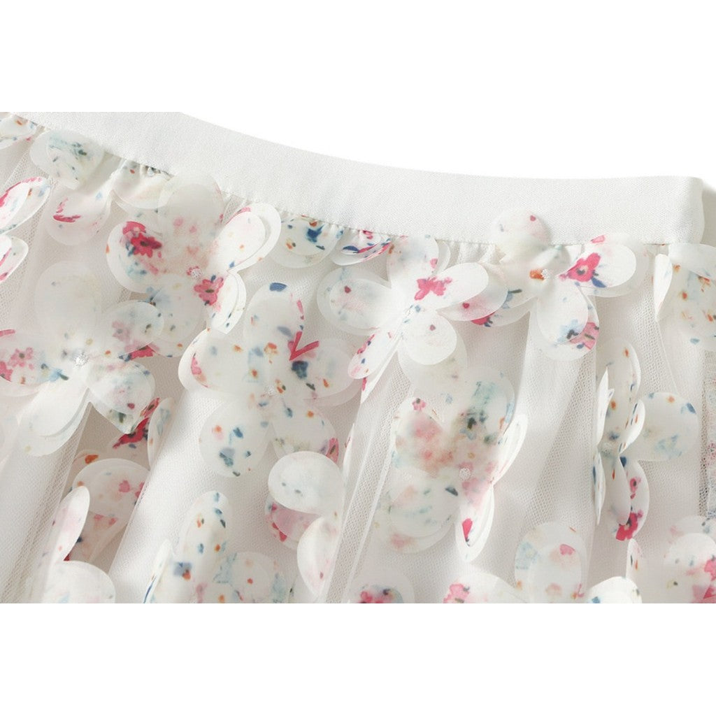 Qooth Elegante Feminino Uma Linha Tridimensional Flor Saia Midi Comprimento Cintura Elástica Casual