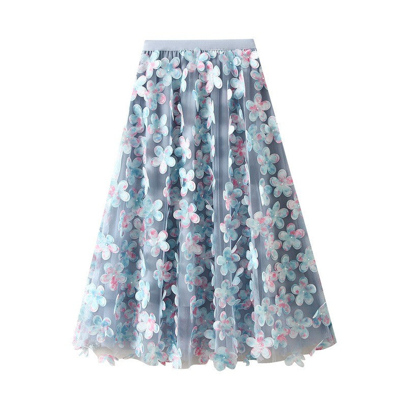 Qooth Elegante Feminino Uma Linha Tridimensional Flor Saia Midi Comprimento Cintura Elástica Casual
