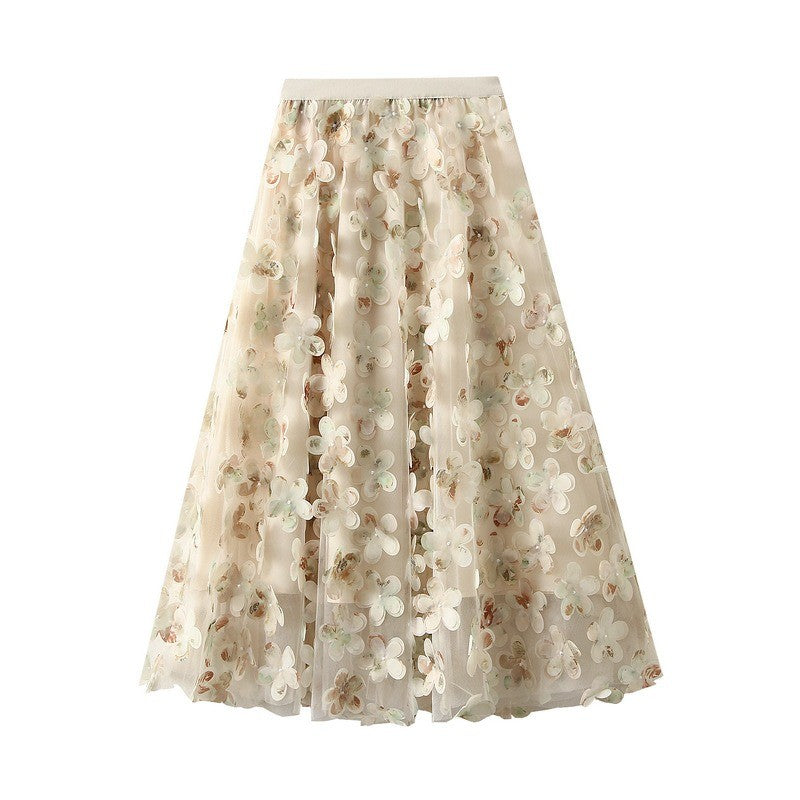 Qooth Elegante Feminino Uma Linha Tridimensional Flor Saia Midi Comprimento Cintura Elástica Casual